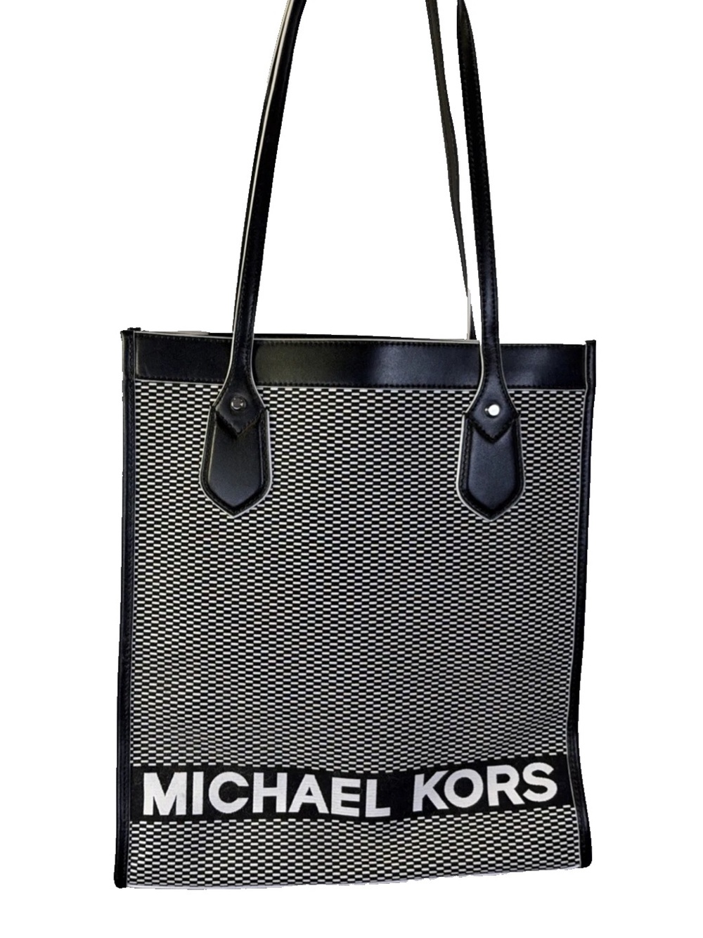 Michael Kors Bay Large Black & White Woven Canvas Tote Shoulder Bag 14" x 12"
